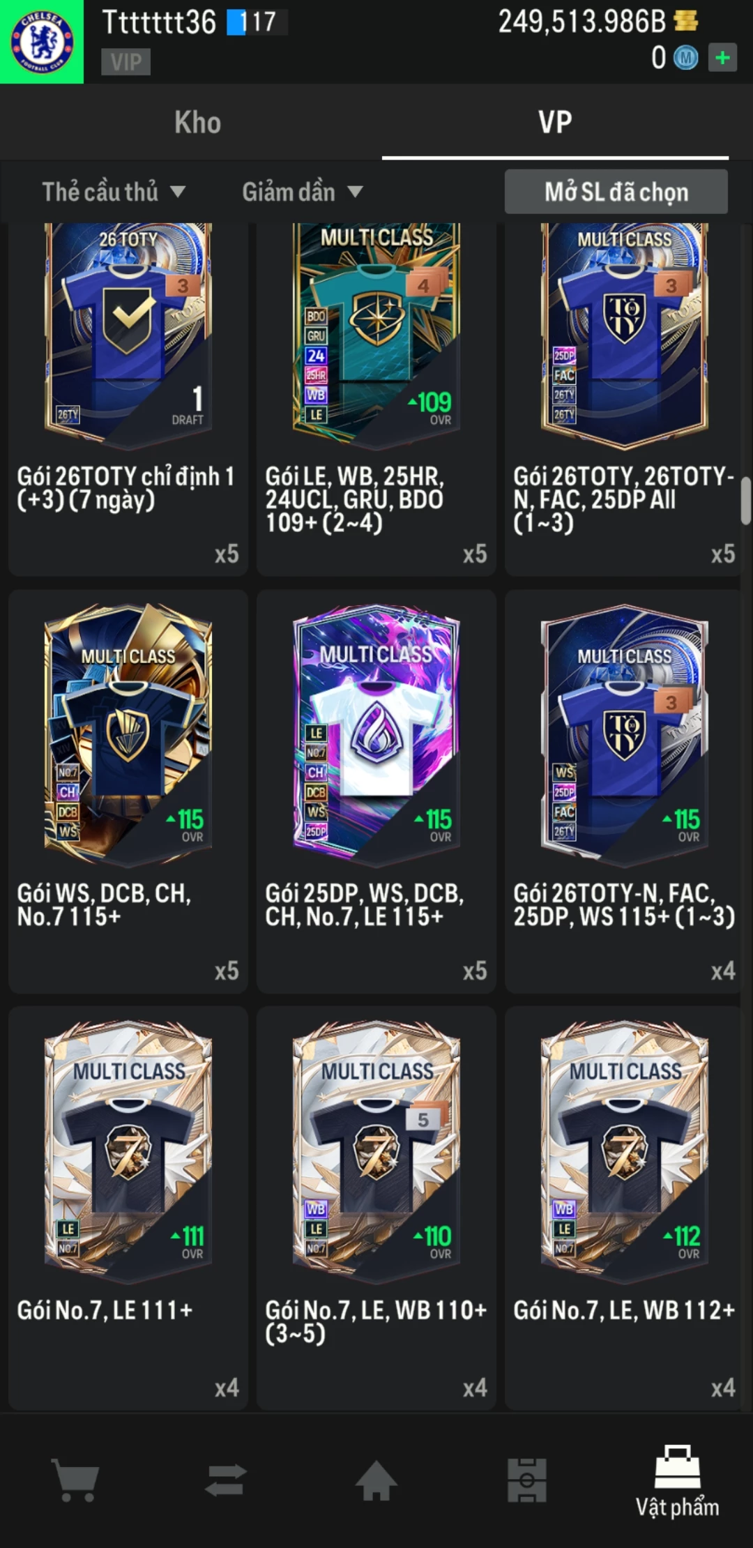 Ảnh ACC mở thẻ (LOẠI SVIP PROMAX) bao gồm có 02 thẻ +12, 04 thẻ PRIME (QH+, CP+, XS+, HĐ+) và hơn 1600+ thẻ cầu thủ từ Siêu sao đến Miền núi các loại. Acc có sẵn BP trắng từ 230.000 tỷ BP đến 250.000 tỷ BP kèm theo nhiều ngày SVIP